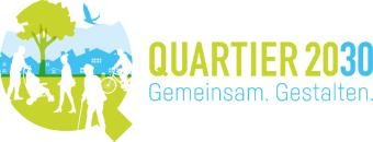 hier ist ein Logo zu sehen: Quartier 2030 mit dem Schriftzug Gemeinsam. Gestalten.