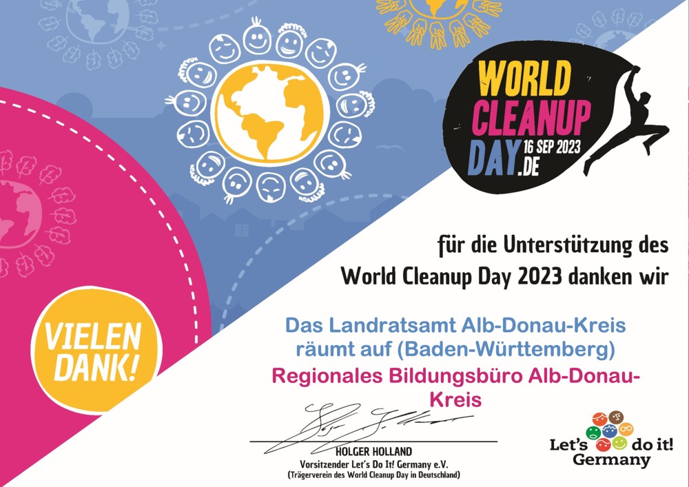 Urkunde des World Cleanup Day 2023 für das Regionale Bildungsbüro Alb-Donau-Kires