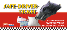 Hier ist ein Bild zu sehen: Schriftzug: Safe-Driver-Ticket. Zu sehen sind zwei Geldscheine, vor den Geldscheinen steht ein weißes viereckiges Kissen und auf darauf fliegt ein Auto zu. Das Logo vom Alb-Donau-Kreis ist unten links zu sehen. 